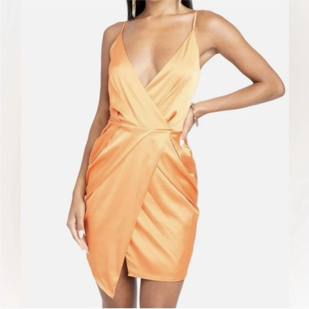 NEW Bebe Dress Size M Amberglow Satin Faux Wrap Fairy Glow Glam
